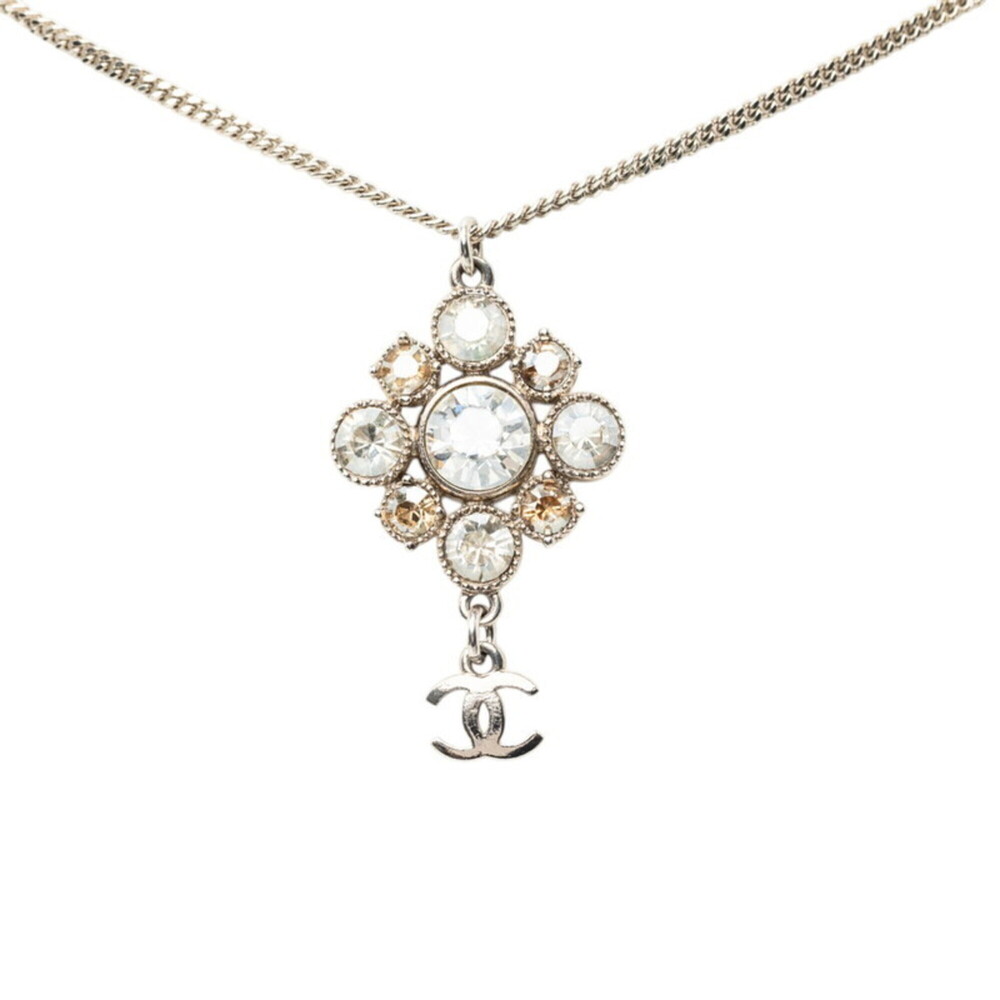 Chanel Coco Mark Flower Motif Pendant Necklace 10V Silver Rhinestone Metal Wo...